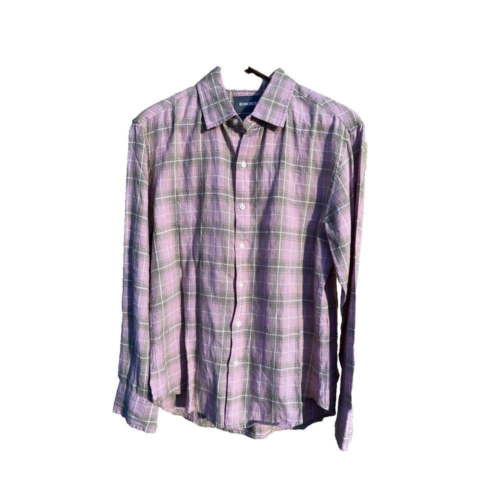 Bonobos Long Sleeve Mens Shirt Medium Short Slim Fit Pink Green Plaid Tailored